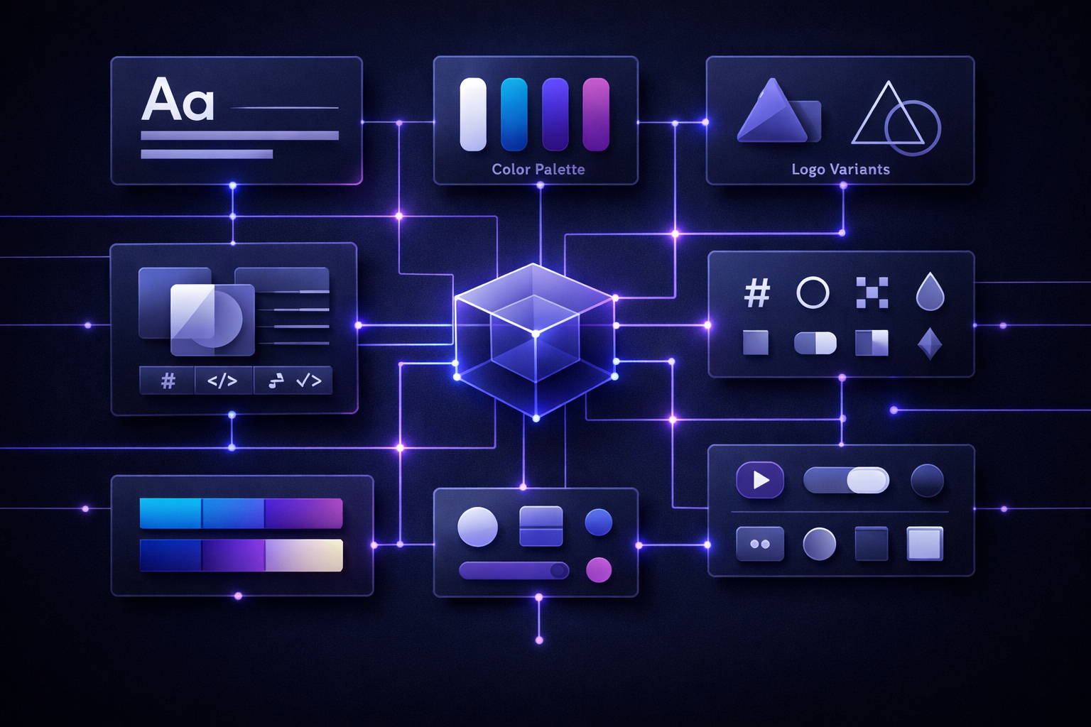 Brand governance system visualization showing typography, color, and logo connections