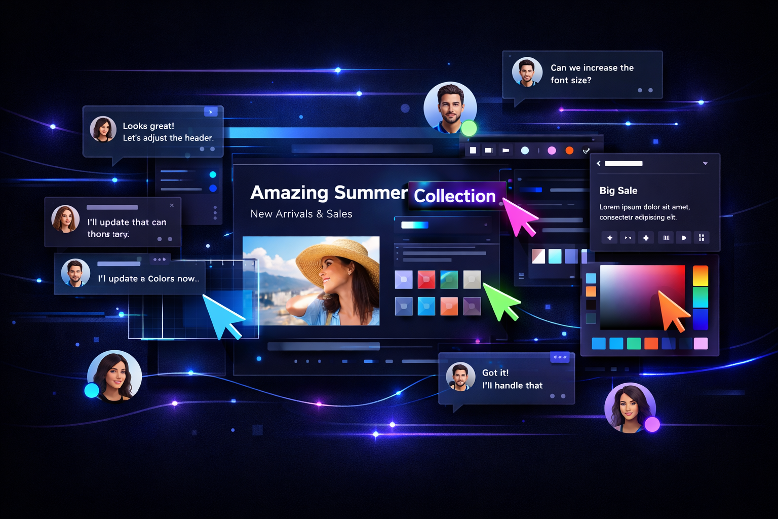Real-time collaboration interface with multiple user cursors and comments